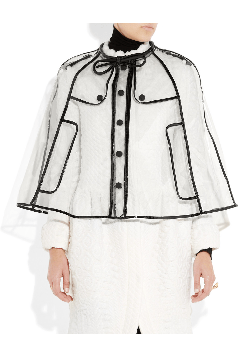 Patent leather-trimmed cape